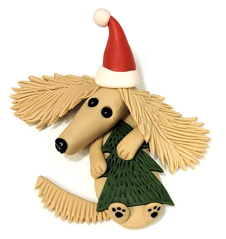 e/e Cream Long with Christmas Tree in Santa Hat Handmade Dachshund Figurine Magnet