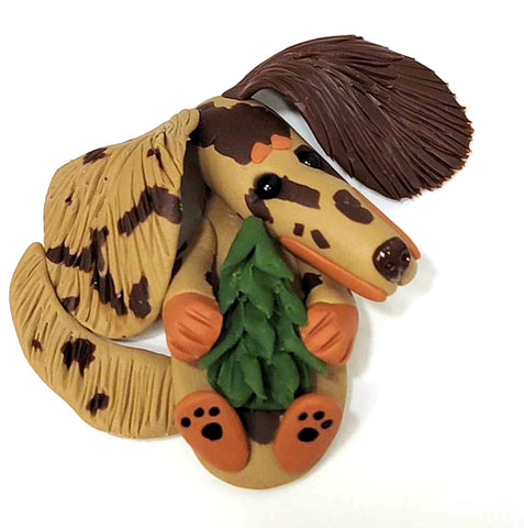 Chocolate/Tan Dapple Long with Christmas Tree Handmade Dachshund Figurine Magnet