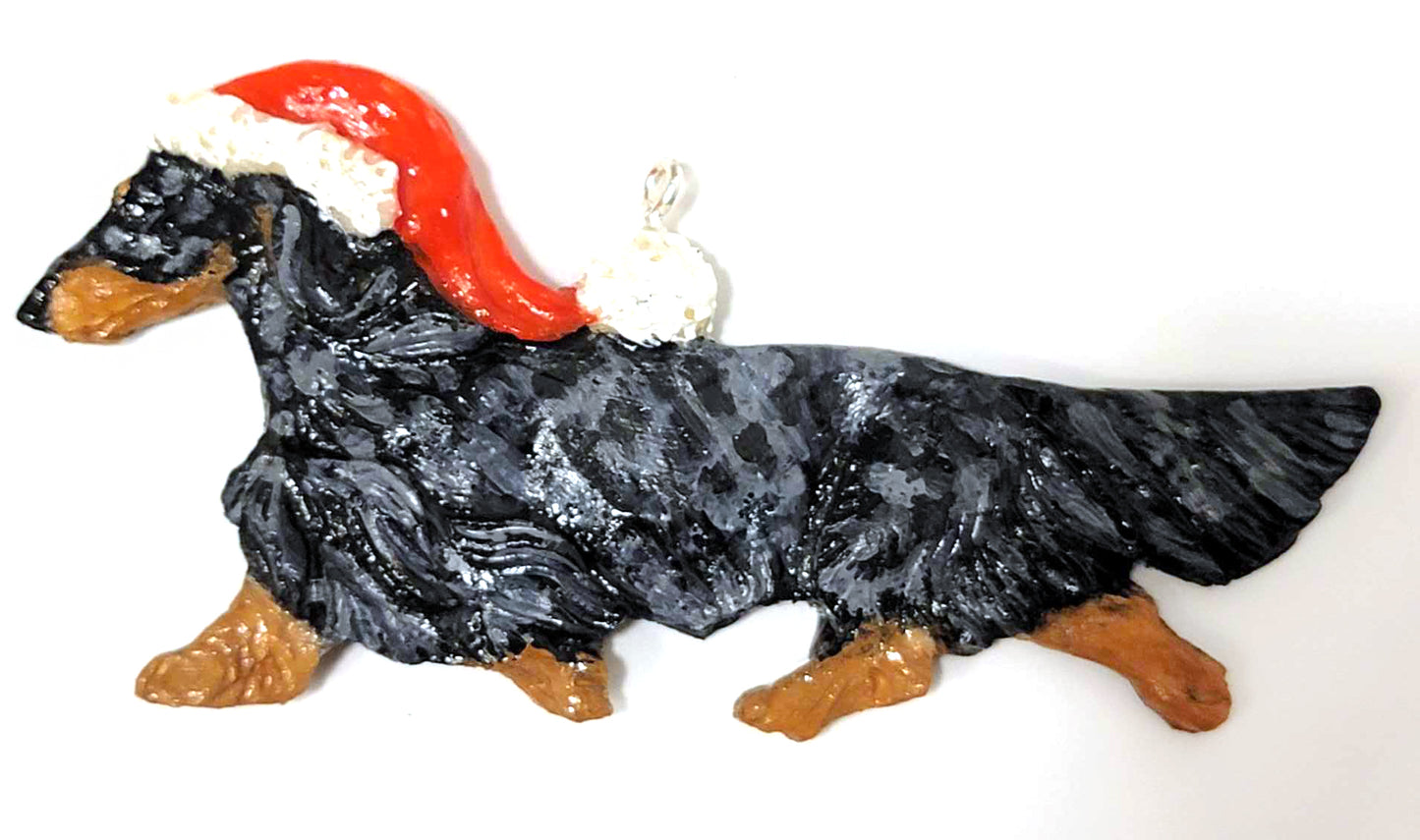 Black/Tan Dapple Long Handpainted Dachshund Figurine Ornament
