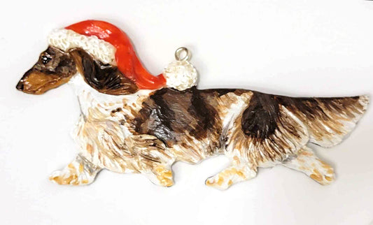 Chocolate/Tan Dapple Piebald Long Handpainted Dachshund Figurine Ornament 1