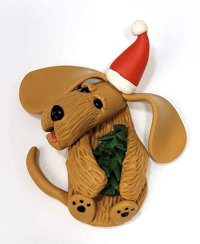 Red (Wheaten) Wire with Christmas Tree in Santa Hat Handmade Dachshund Figurine Magnet 2