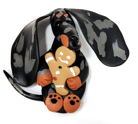 Black/Tan Dapple Smooth with Gingerman Handmade Dachshund Figurine Magnet 3