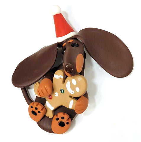 Chocolate/Tan Smooth with Gingerman in Santa Hat Handmade Dachshund Figurine Magnet 1