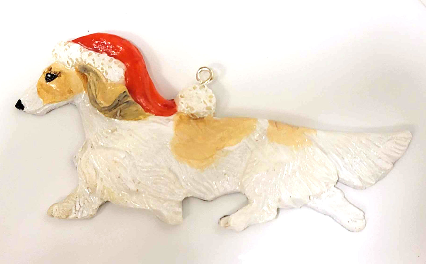 Cream Piebald Long Handpainted Dachshund Figurine Ornament