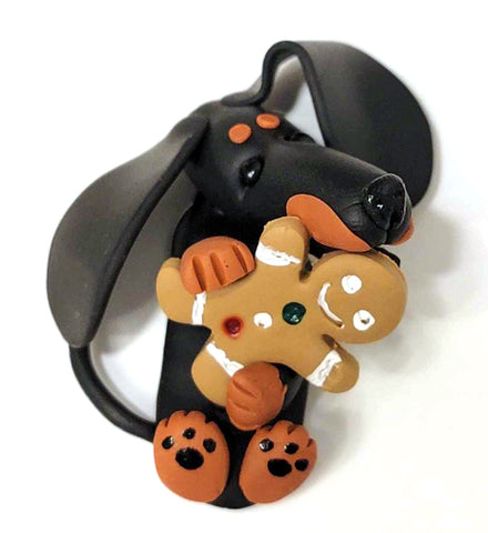 Black/Tan Smooth with Gingerman Handmade Dachshund Figurine Magnet