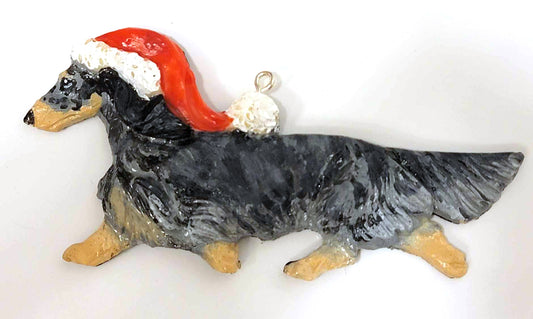 Black/Cream Dapple Long Handpainted Dachshund Figurine Ornament
